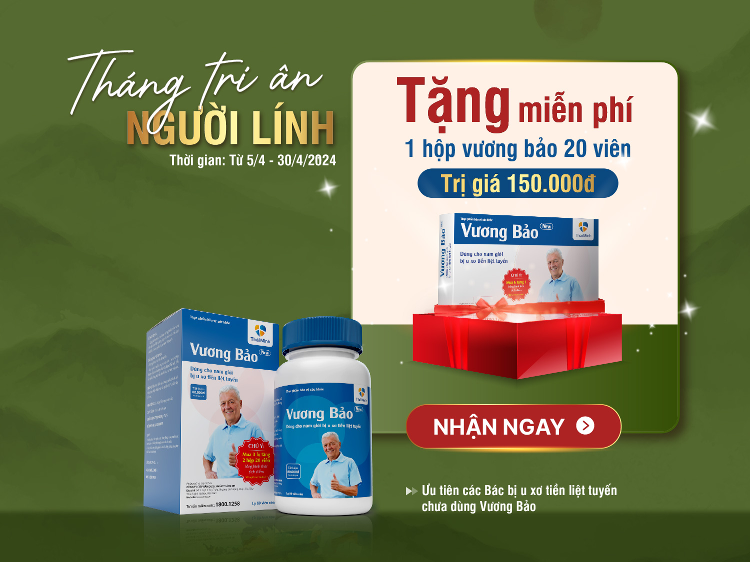 Tháng Tri Ân Người Lính: Tặng Miễn phí 01 hộp trị giá 150.000Đ cho bác bị u xơ tiền liệt tuyến chưa dùng Vương Bảo